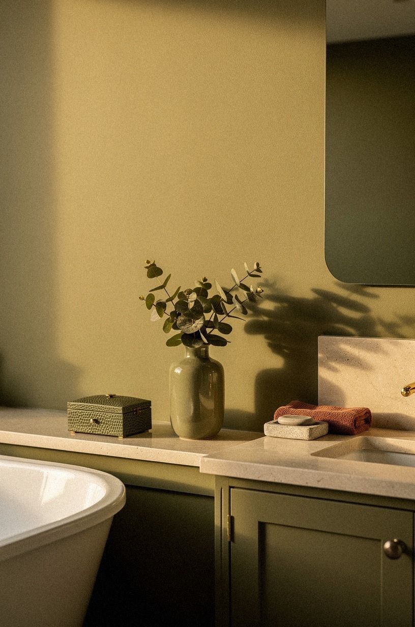 Choose paint over tile for a Sherwin-Williams Dried Thyme bathroom