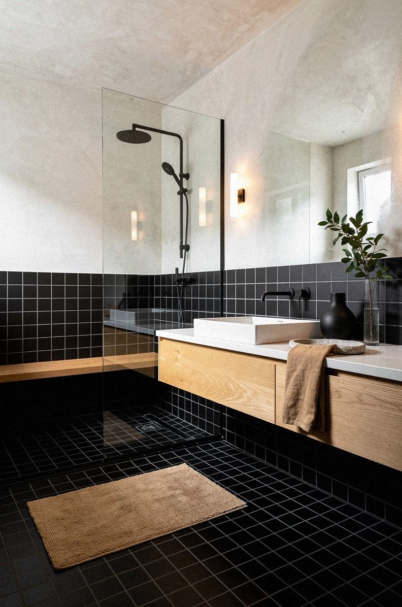 Layer bathroom black tile with warm oak