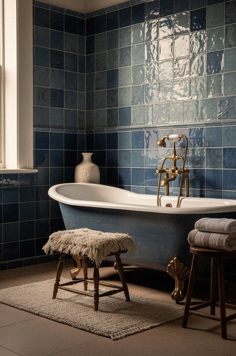 Choose hand-glazed tile for blue antique bathroom depth