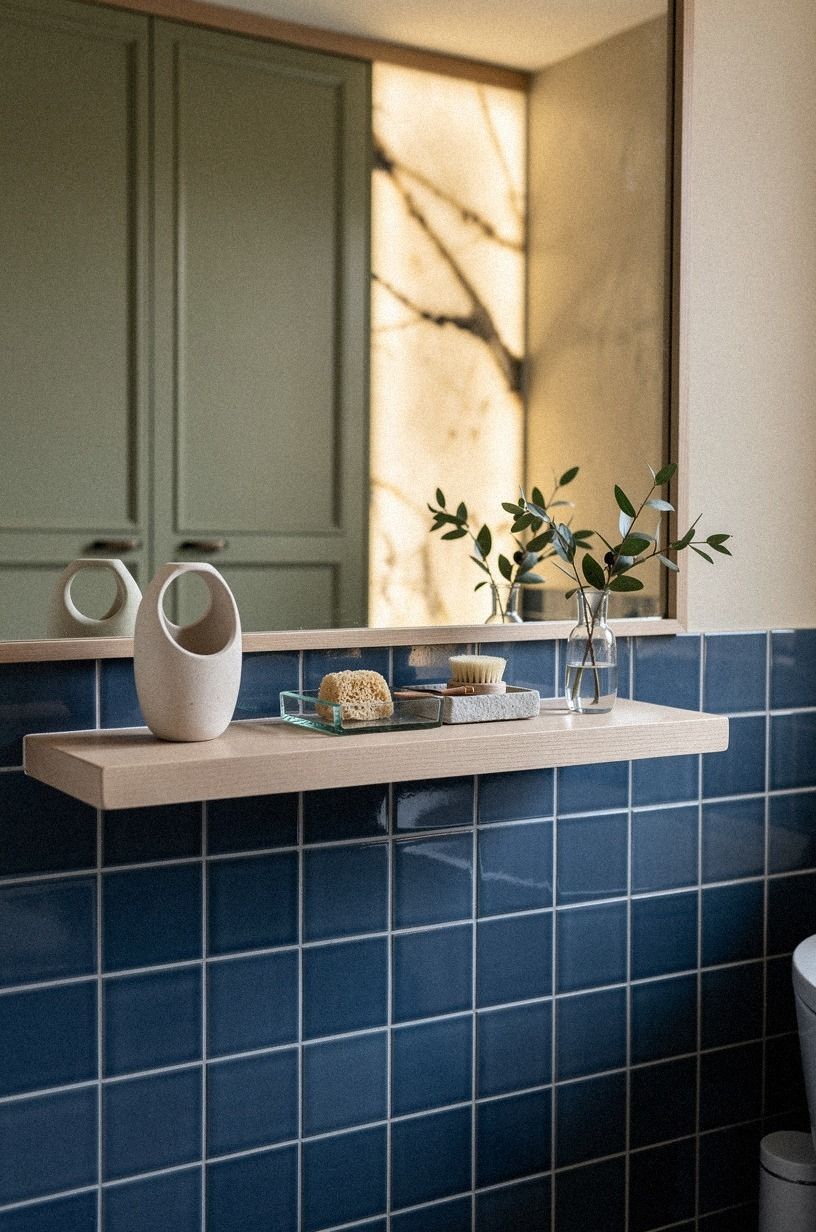 Float a narrow shelf above the blue tile