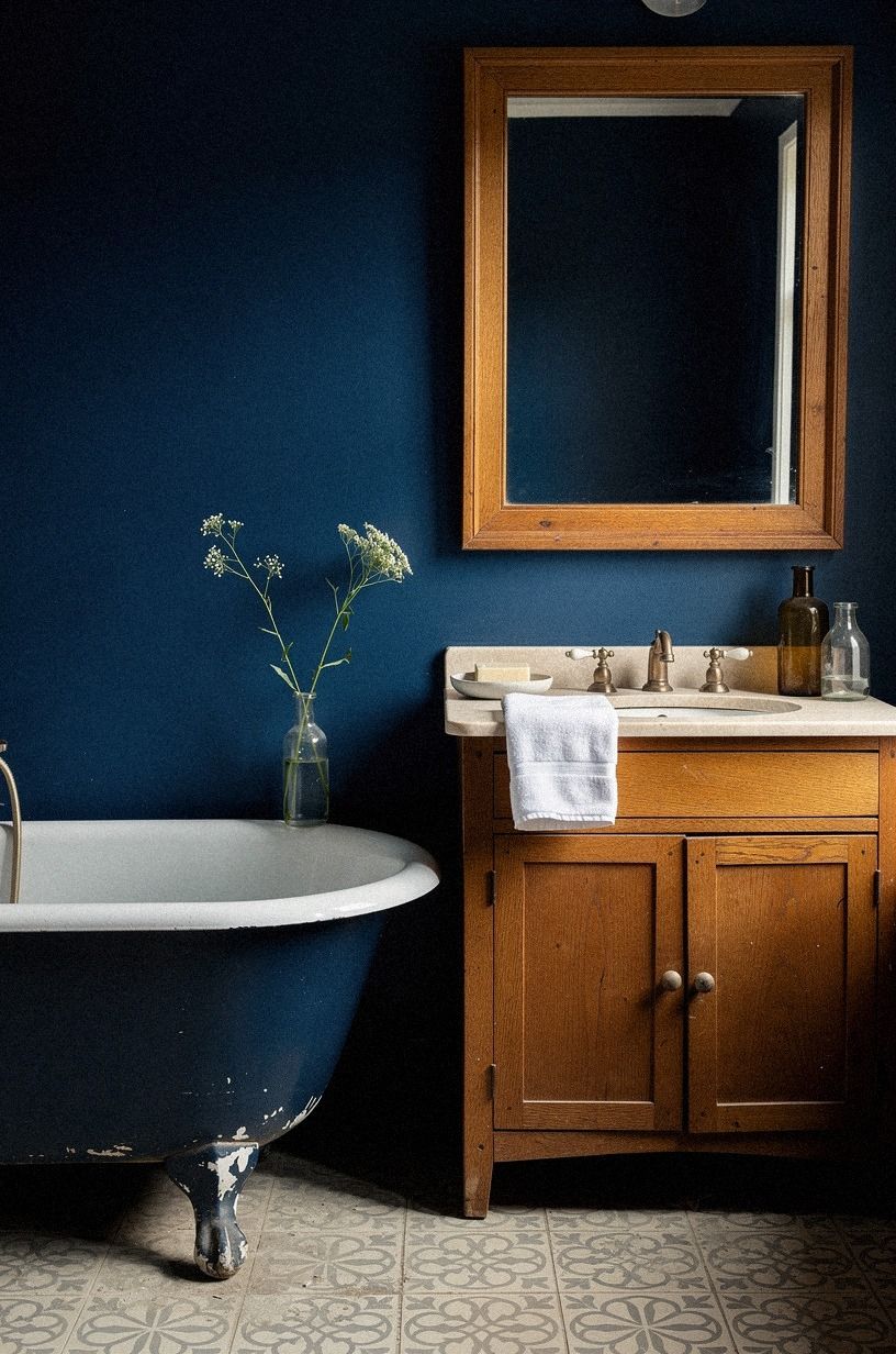 Frame the mirror with vintage blue tub bathroom ideas