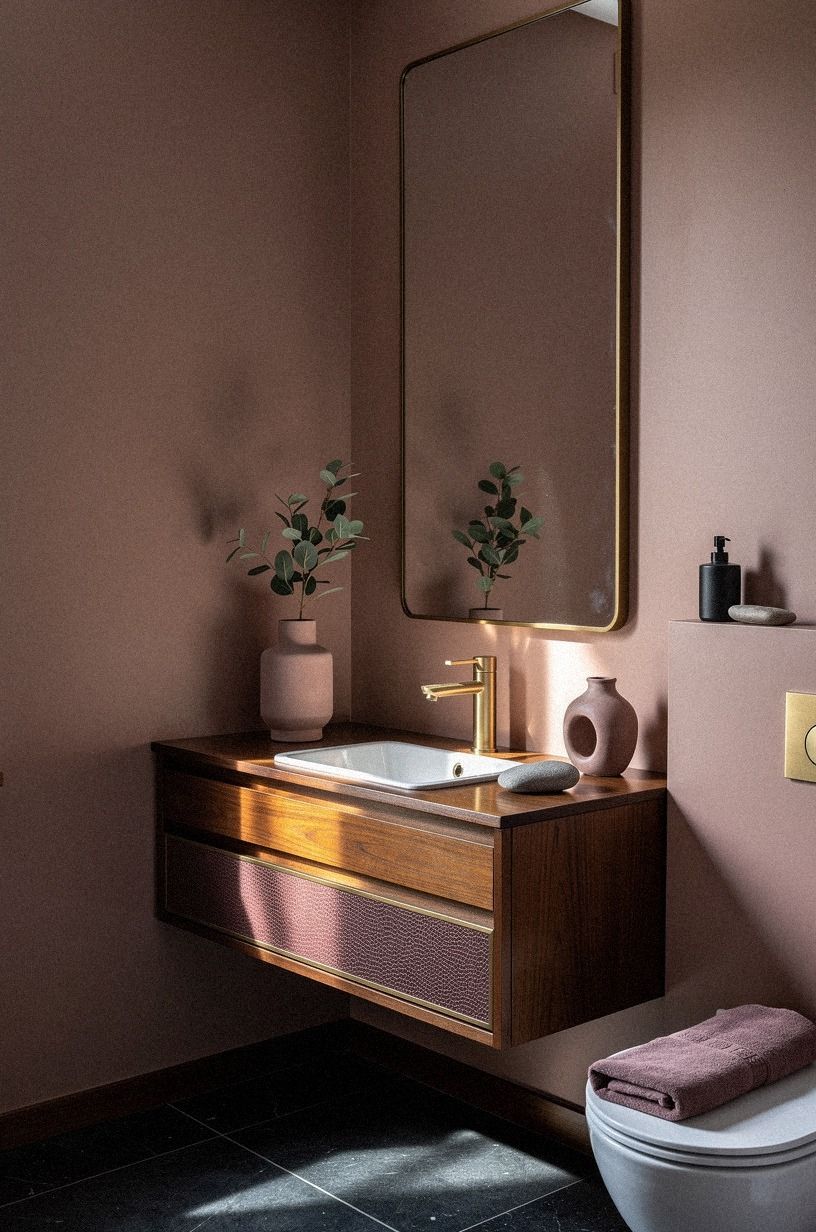 Finish the warm brown powder room with one living note