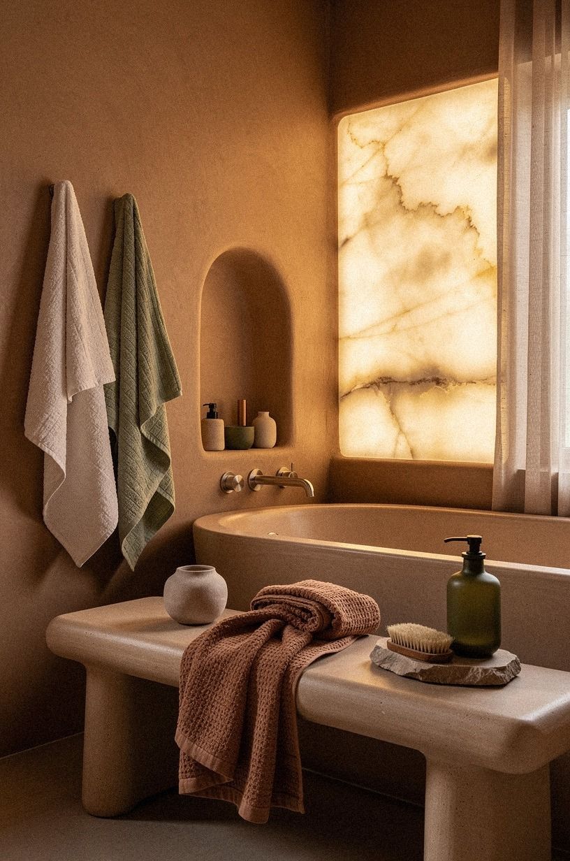 Hang textiles that soften the brown moody bathroom