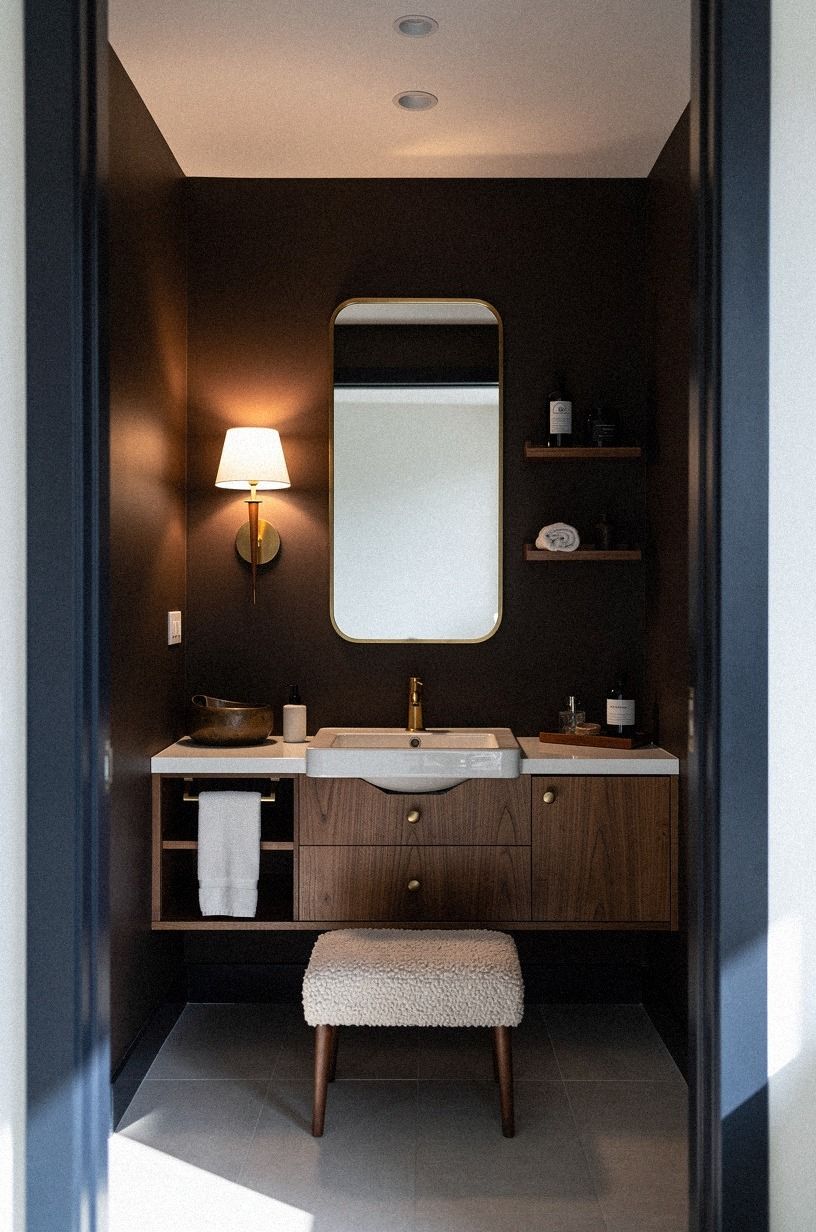 Keep the ceiling quiet in a dark brown powder room