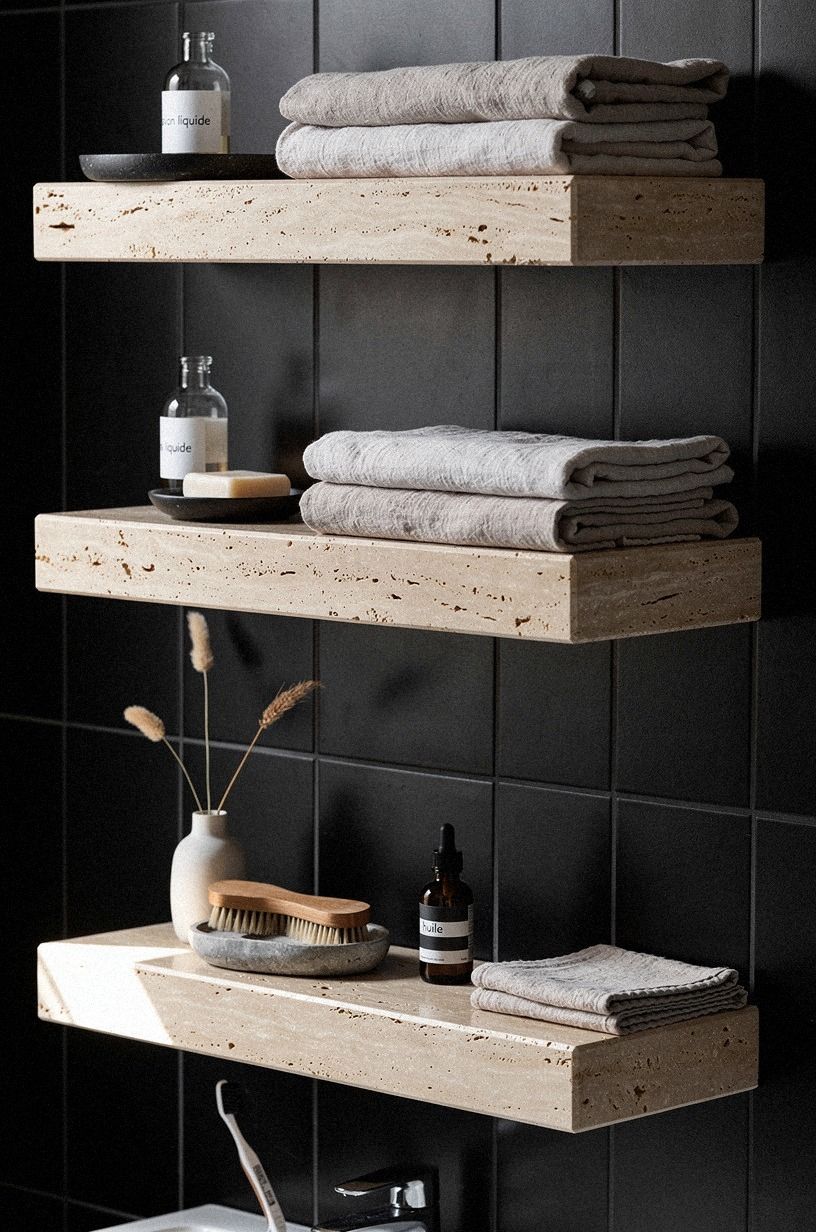 Above black tile, a floating travertine shelf