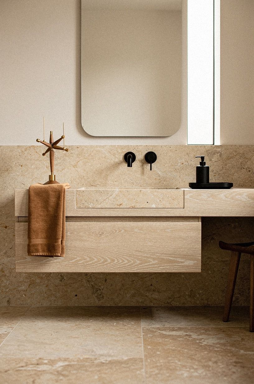 Float a chunky vanity over warm stone