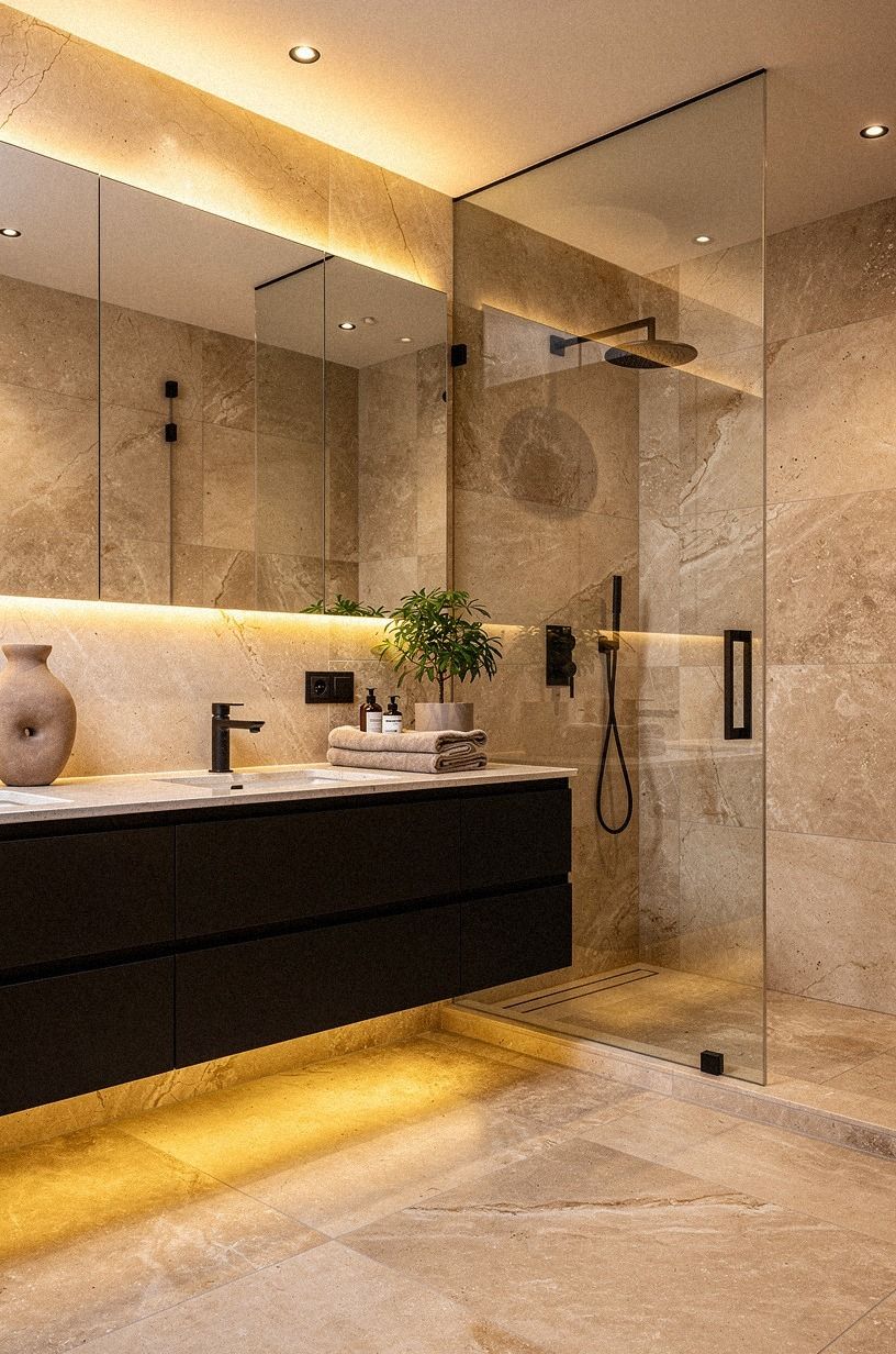 Hang linen beside a warm stone bathroom