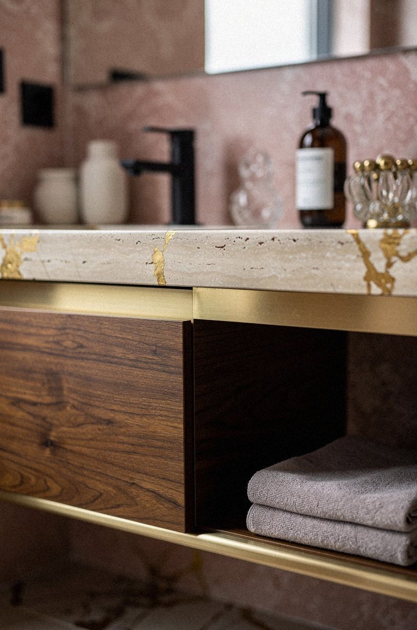 Layer travertine with matte black bathroom interior design modern