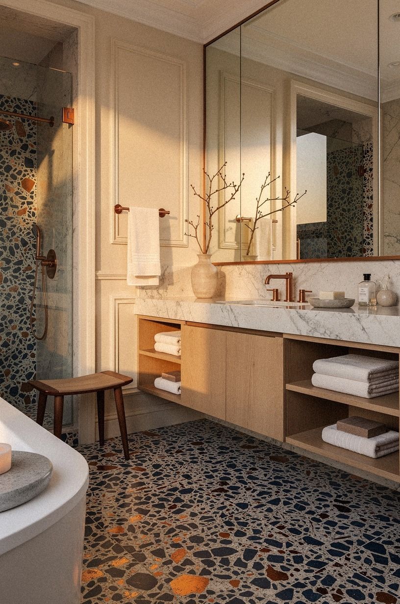 Build the Two-Wood Rule Around a Marble and Travertine Bathroom