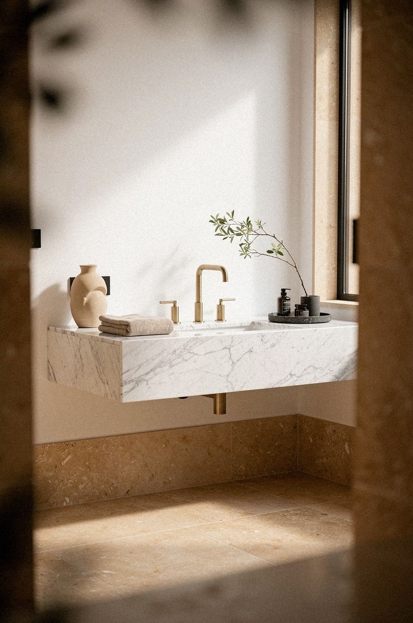 Float a Marble Bathroom Vanity Above Warm Stone