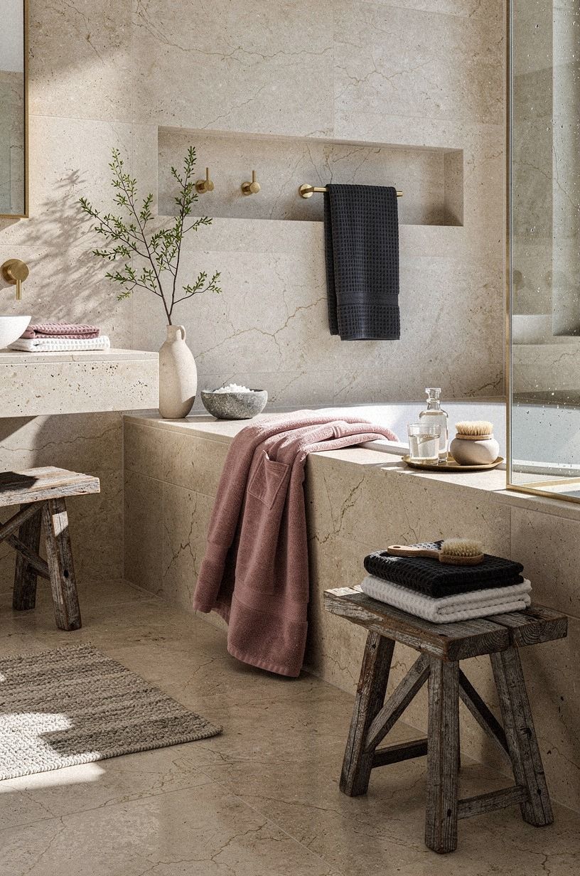 Mix Soft Textiles With a Travertine Marble Bathroom