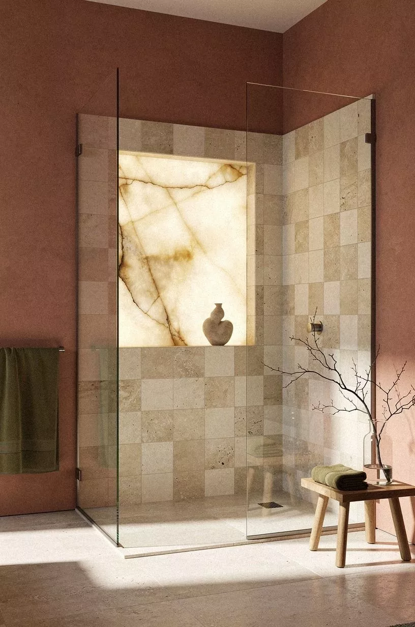 Frame the Shower With a Two-Tone Travertine Grid
