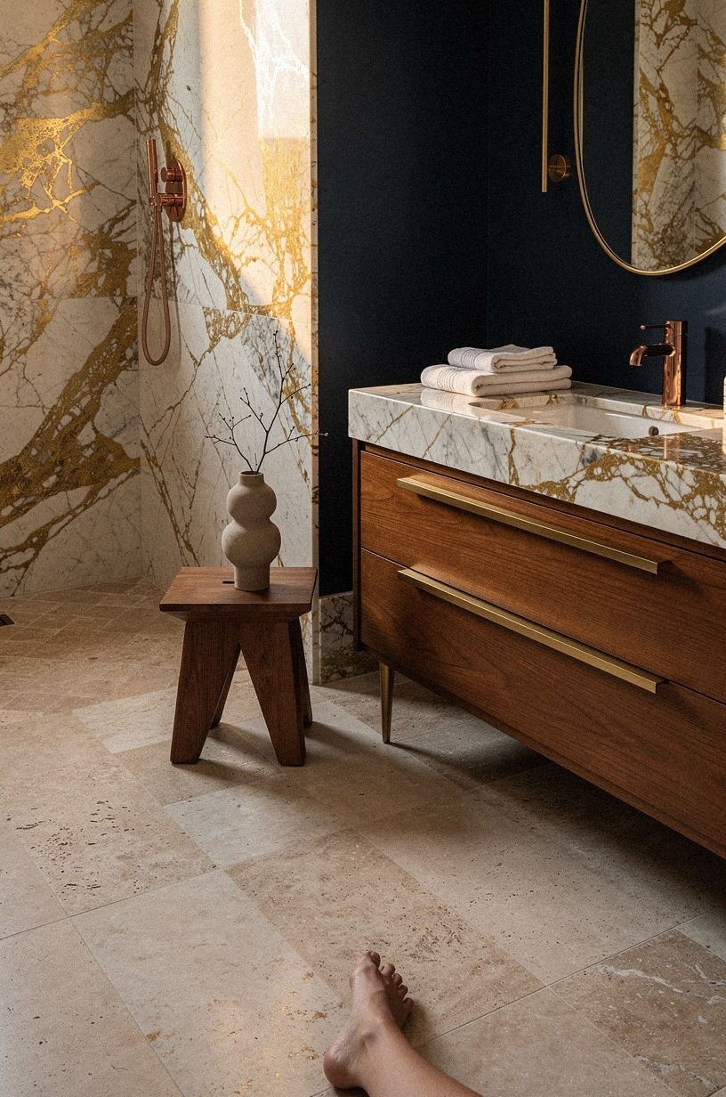Layer a Soft Neutral Travertine Tile in Bathroom