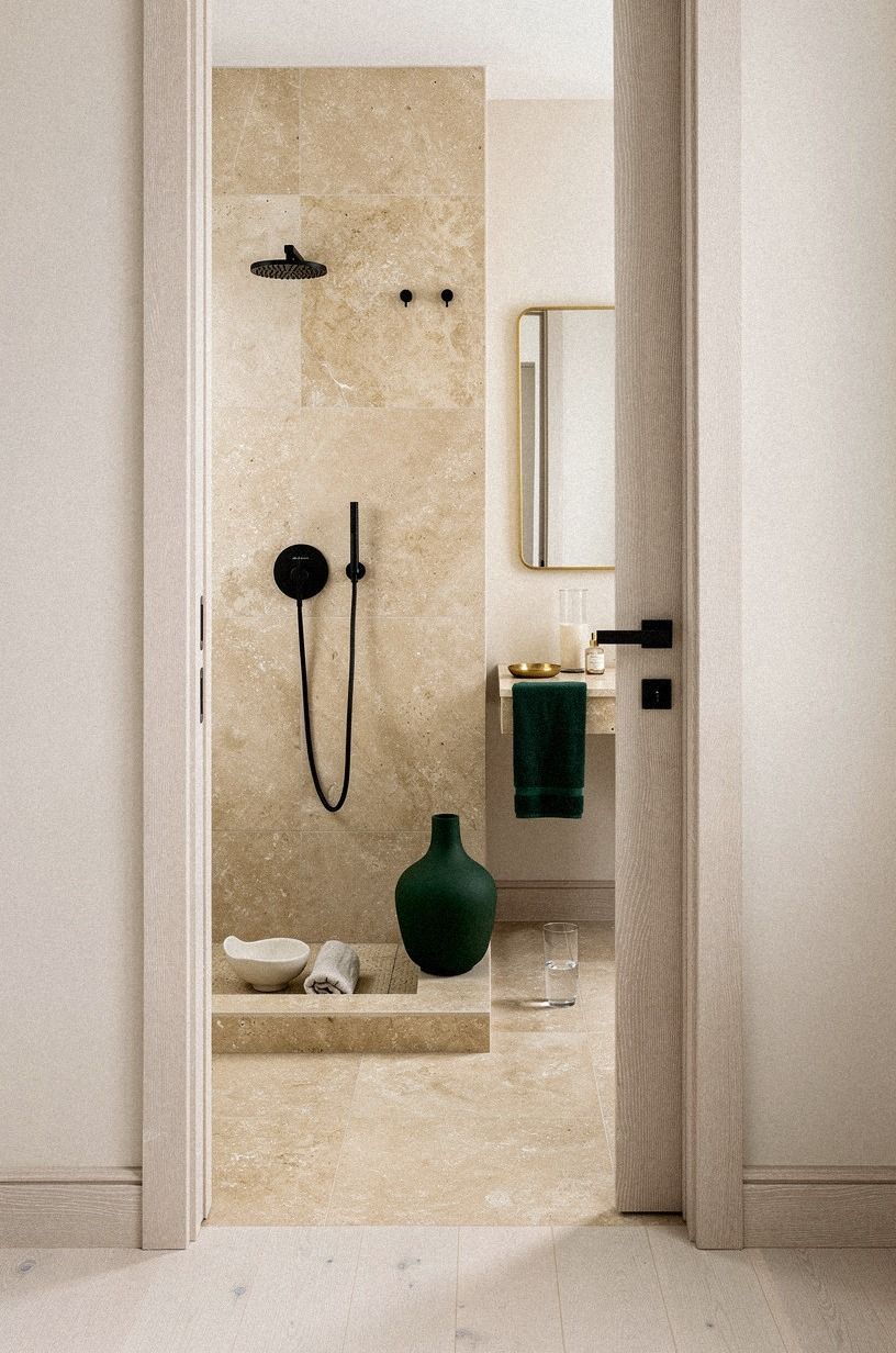 Warm Travertine vs. Black Hardware