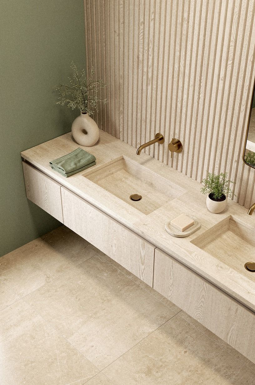 Why a Floating Vanity Gives Travertine More Air