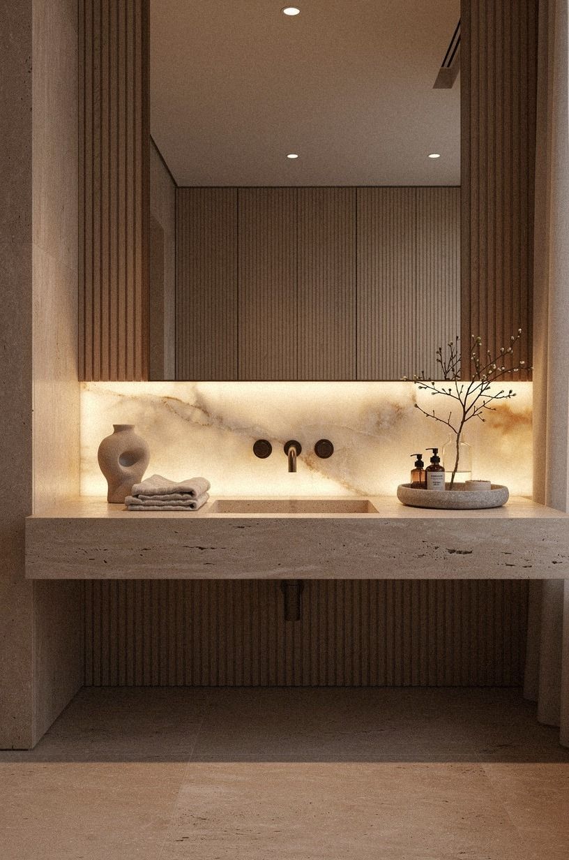 Honed Travertine Meets Ribbed Wood Paneling