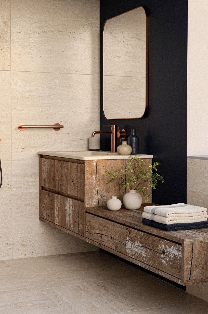 Warm Low-Maintenance Travertine & Wood Bathroom Ideas for Natural Calm
