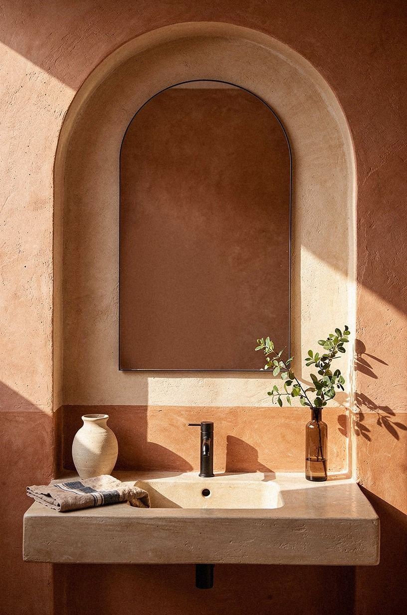 Two Woods, One Earthy Arched Bathroom Design