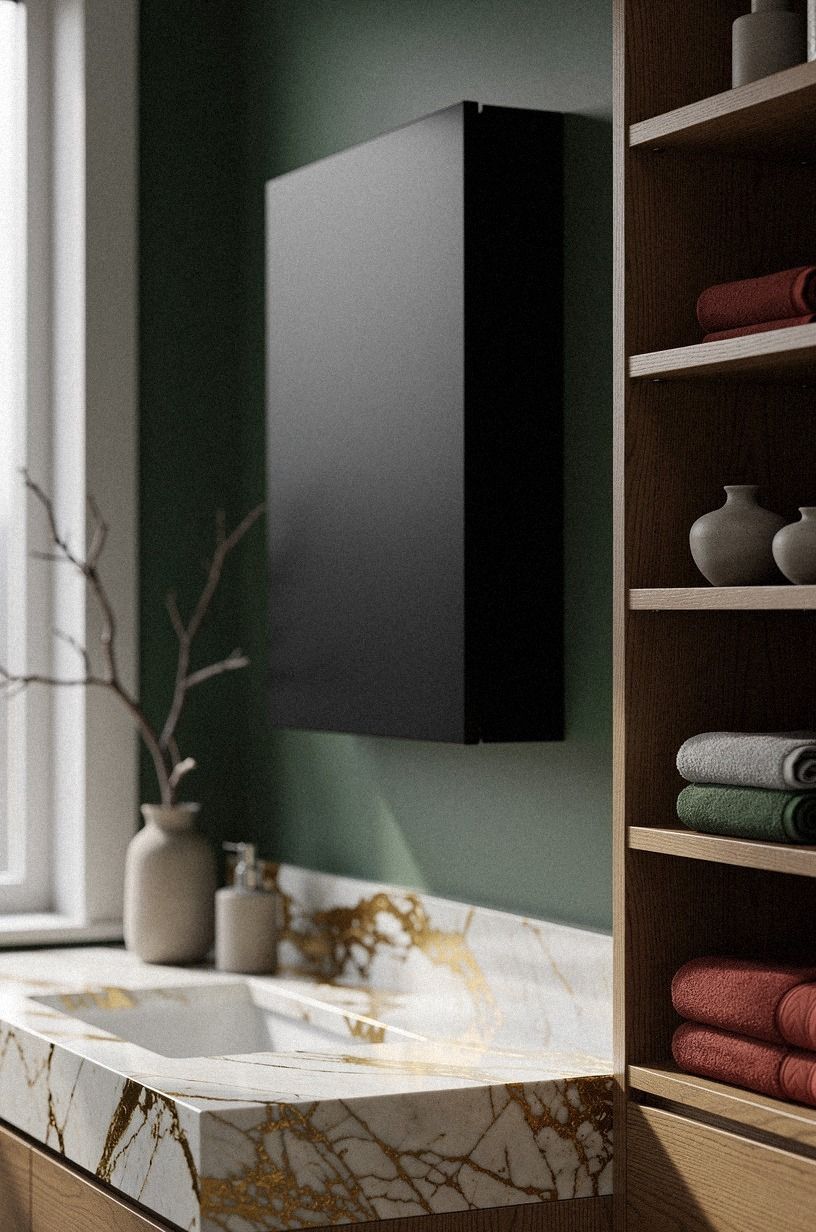 Add a black medicine cabinet with clean lines