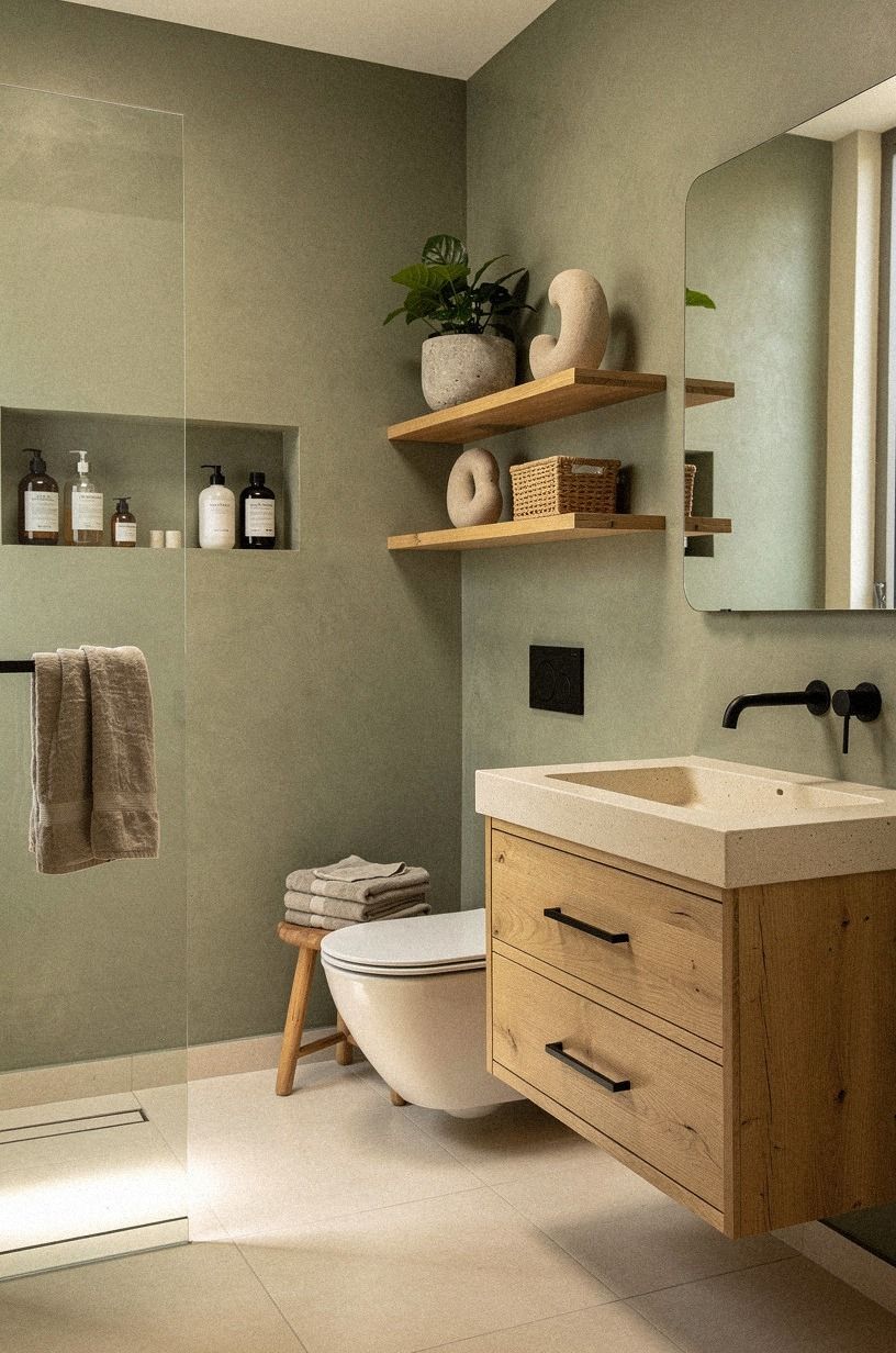 Black pulls create a small modern bathroom moment