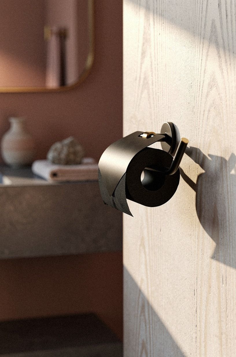 Layer a black toilet-paper holder and hook