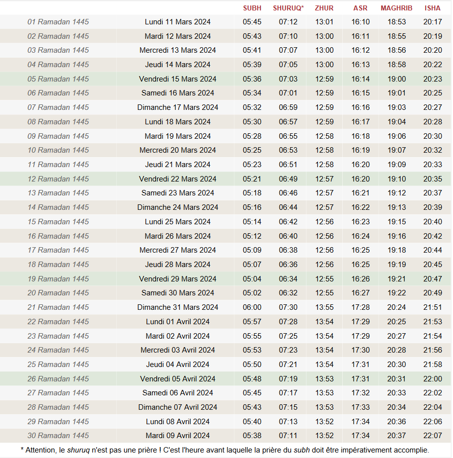 horaires ramadan 2024