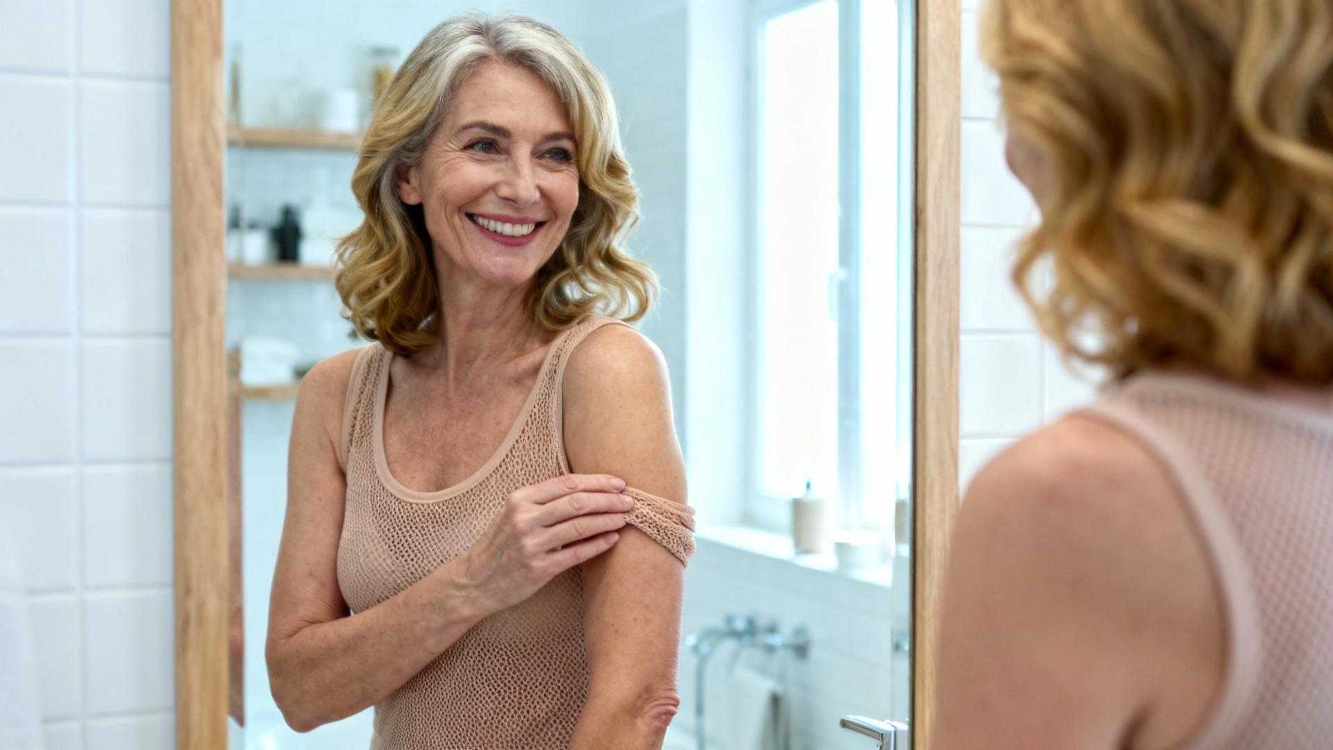 À 58 ans, ce tissu mesh nude lui permet de porter des sans manches à nouveau
