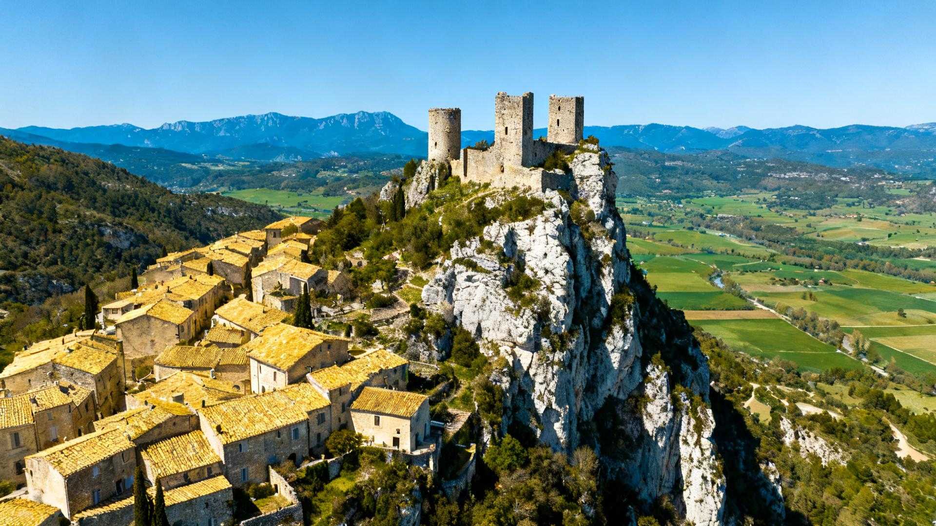 Ce village de 922 âmes garde trois châteaux sur un rocher de 35 mètres