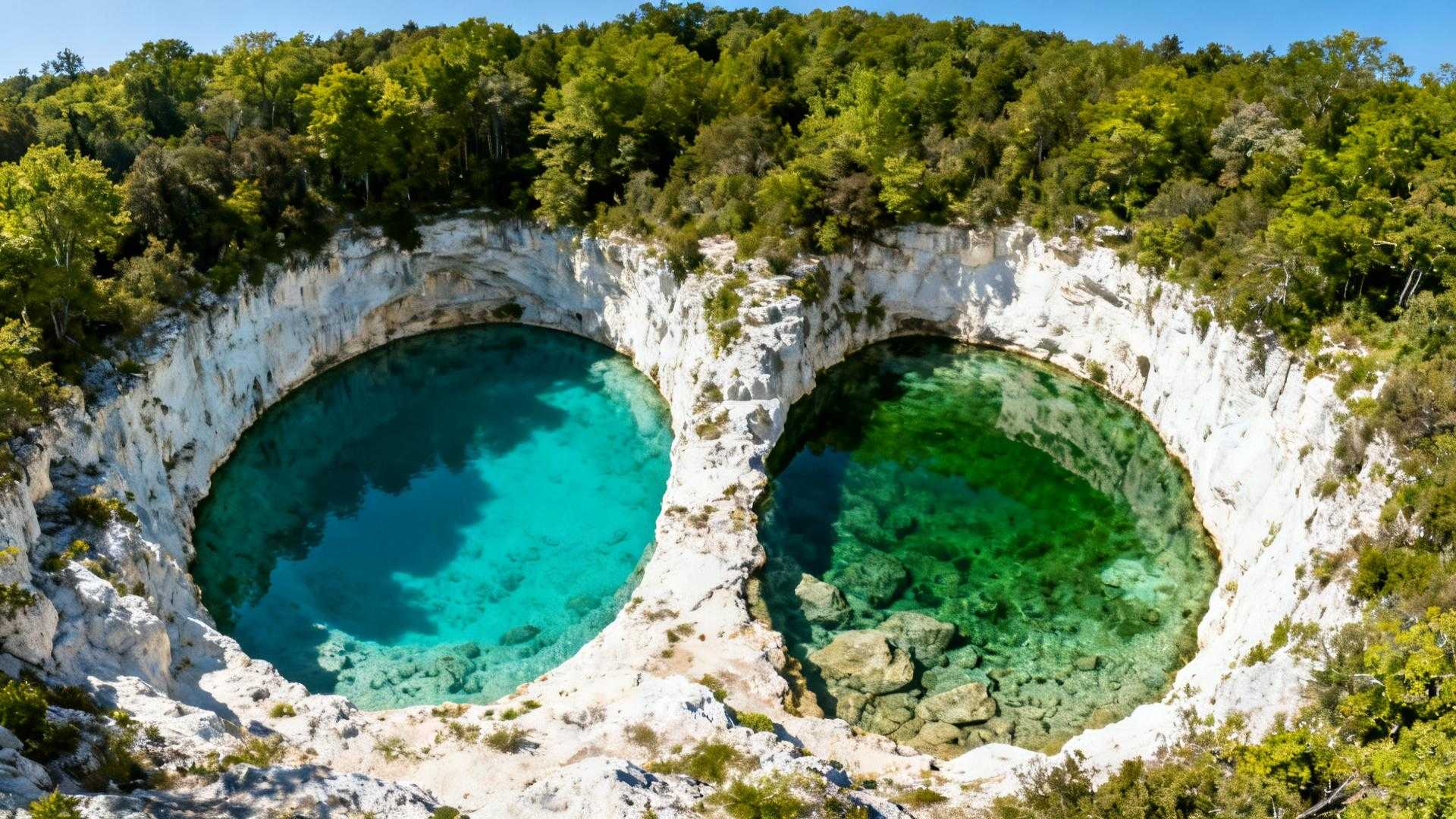 Deux sources côte à côte : l'une bleue 9 m de profondeur, l'autre verte émeraude