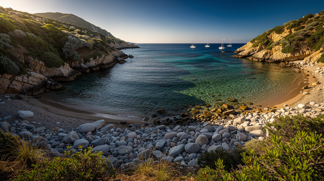 Sur la côte ouest du cap Corse, cette anse de galets reste vide avant 9h en juin