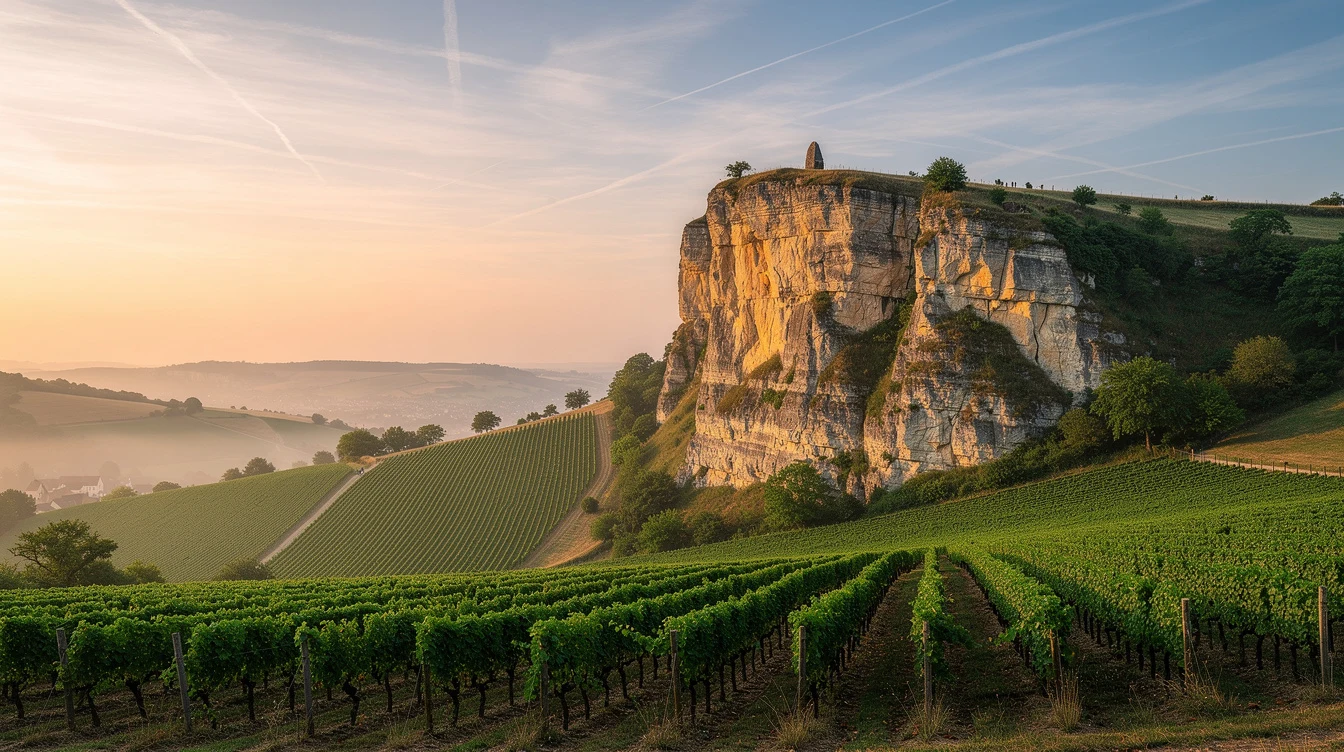 Moins connu que Solutré, ce village de 222 habitants domine le vignoble depuis une falaise de 255 m