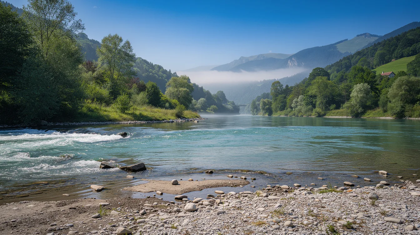 À sa confluence, ce torrent haut-savoyard arrive assez fort pour contrer le Rhône