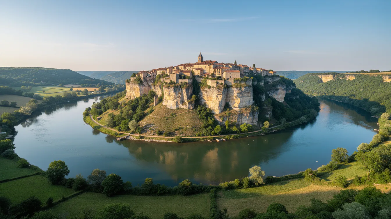 À 30 km de Cahors, ce village médiéval domine un méandre du Lot
