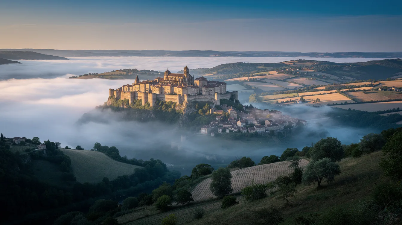 Quand la brume envahit la vallée, cette bastide du Tarn prend des airs de ville dans le ciel