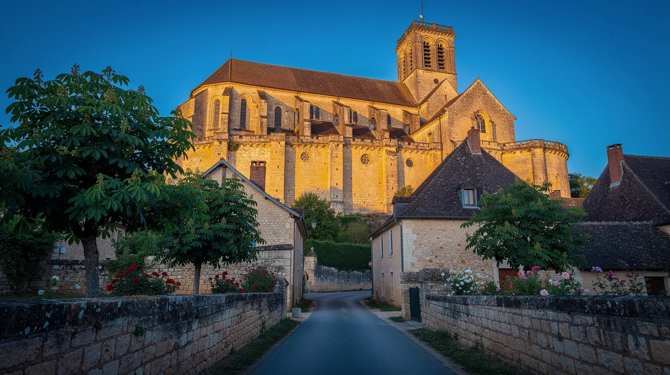 Une église romane bâtie en forteresse domine ce village du Périgord noir