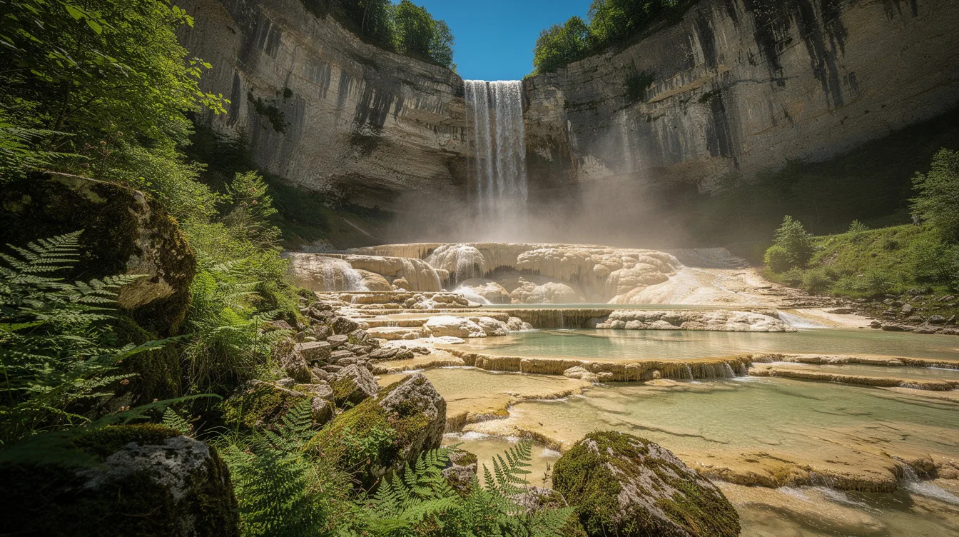 Au creux d’un cirque de falaises, la cascade du Dard crée ses bassins de tuf