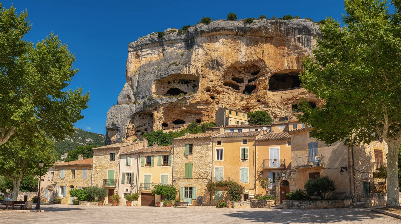 Une muraille de tuf percée de grottes domine ce village provençal
