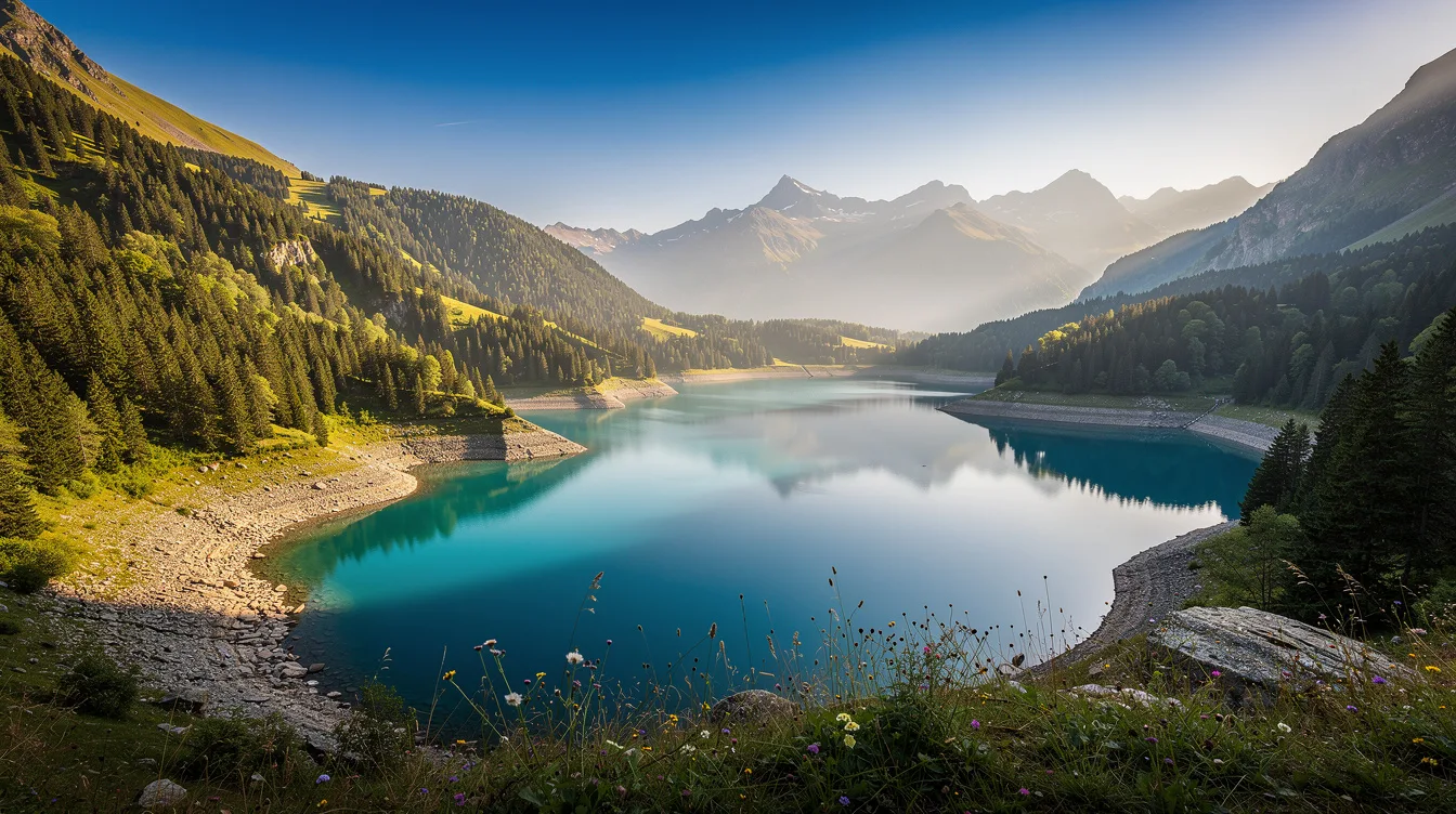 Une passerelle himalayenne surplombe ce lac artificiel du Beaufortain