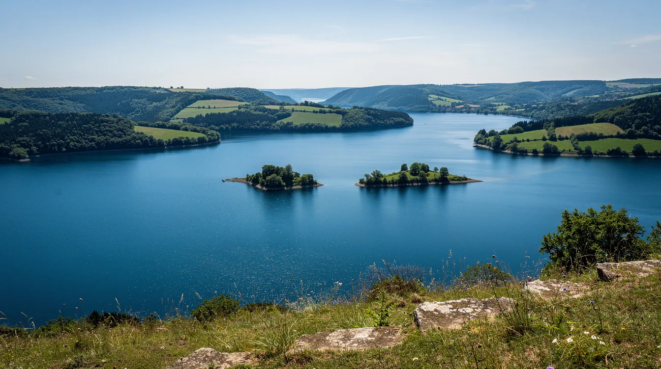 Deux îles émergent dans ce vaste lac de l’Aveyron, né d’un barrage des années 1950