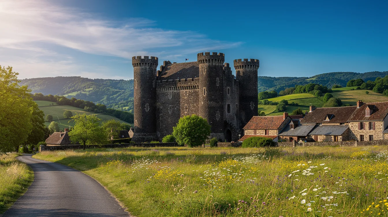 Entre Aurillac et Salers, un village médiéval abrite le château aux quatre tours rondes