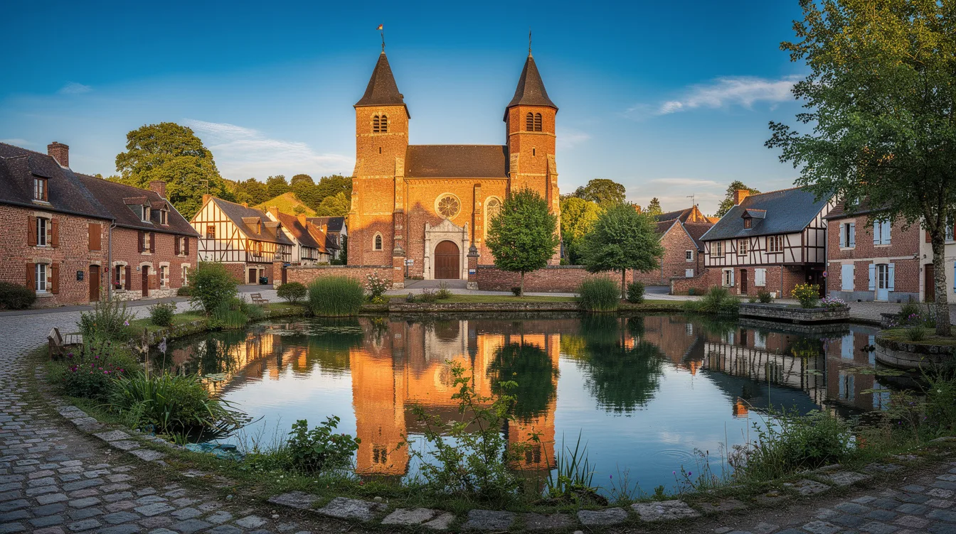 Brique rouge et mare centrale : ce village de Thiérache abrite une église fortifiée