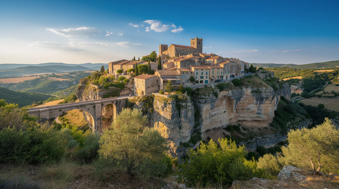 Quand le lit de la Cesse est sec, un pont naturel apparaît sous la cité cathare