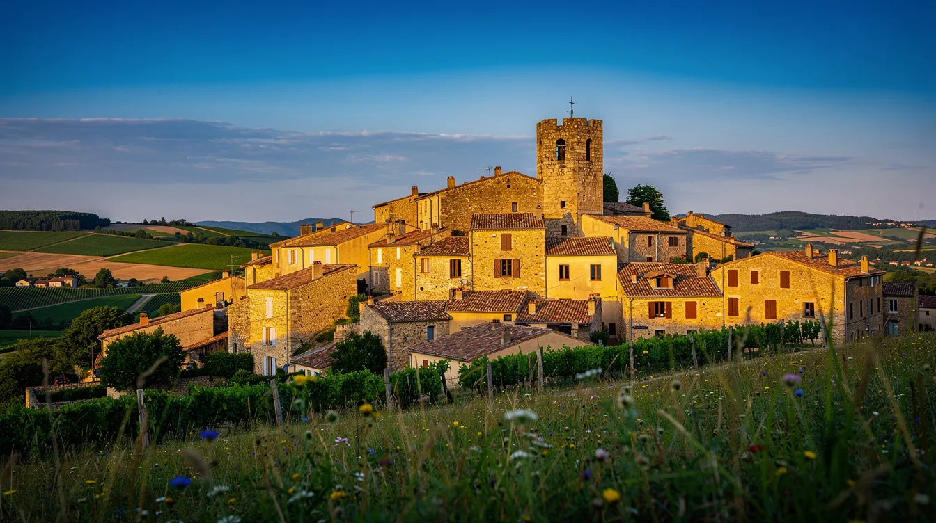 Depuis sa tour du XIIe siècle, ce village du Rhône offre un panorama sur les collines