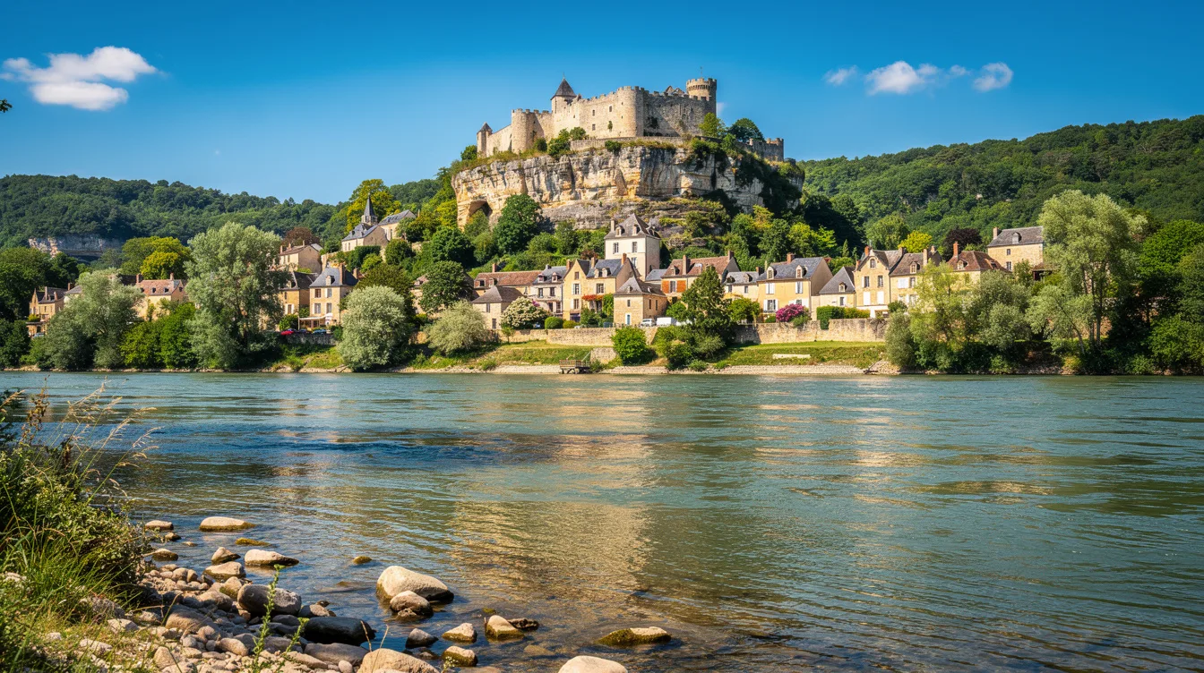 Ce village abrite un château médiéval perché qui domine la Dordogne depuis plus de neuf siècles