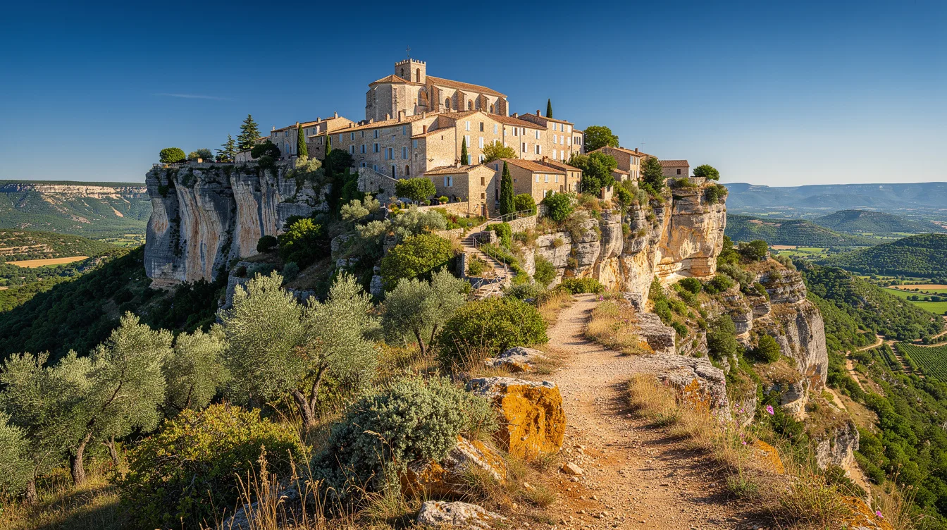 Ce village du Vaucluse, perché sur un rocher, domine le Calavon de 120 mètres