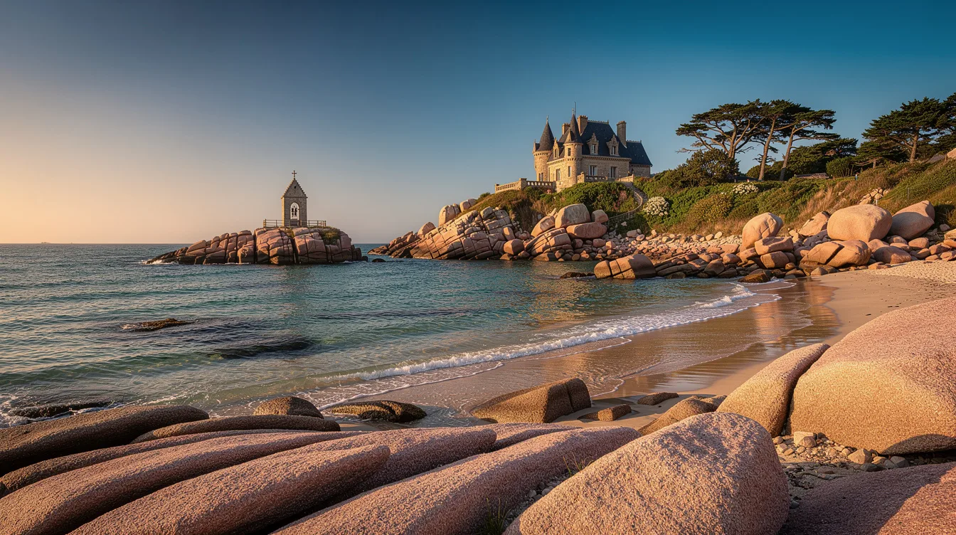Une plage bretonne entre rochers roses et vue sur le château de Costaérès