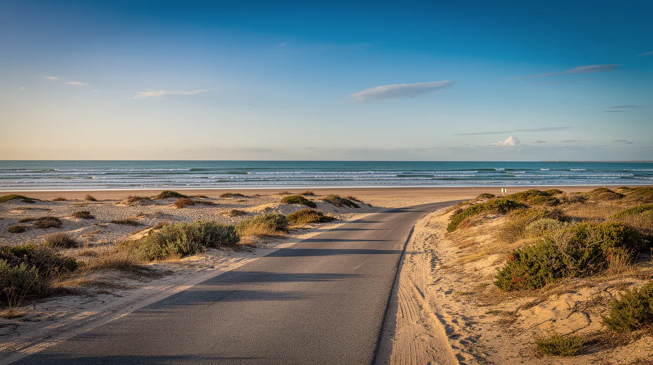 Une route goudronnée mène presque jusqu’au sable de cette plage camarguaise