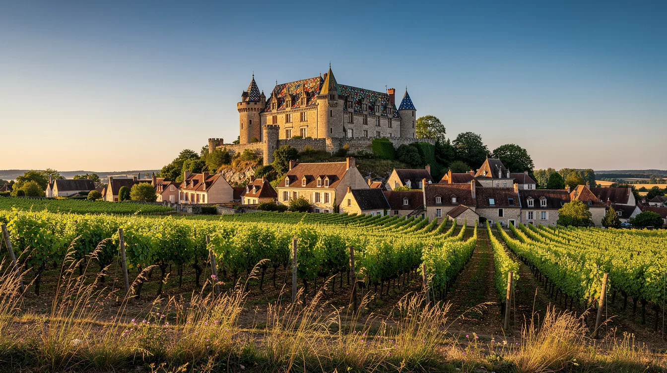 Les toits vernissés multicolores de ce château dominent un village bourguignon