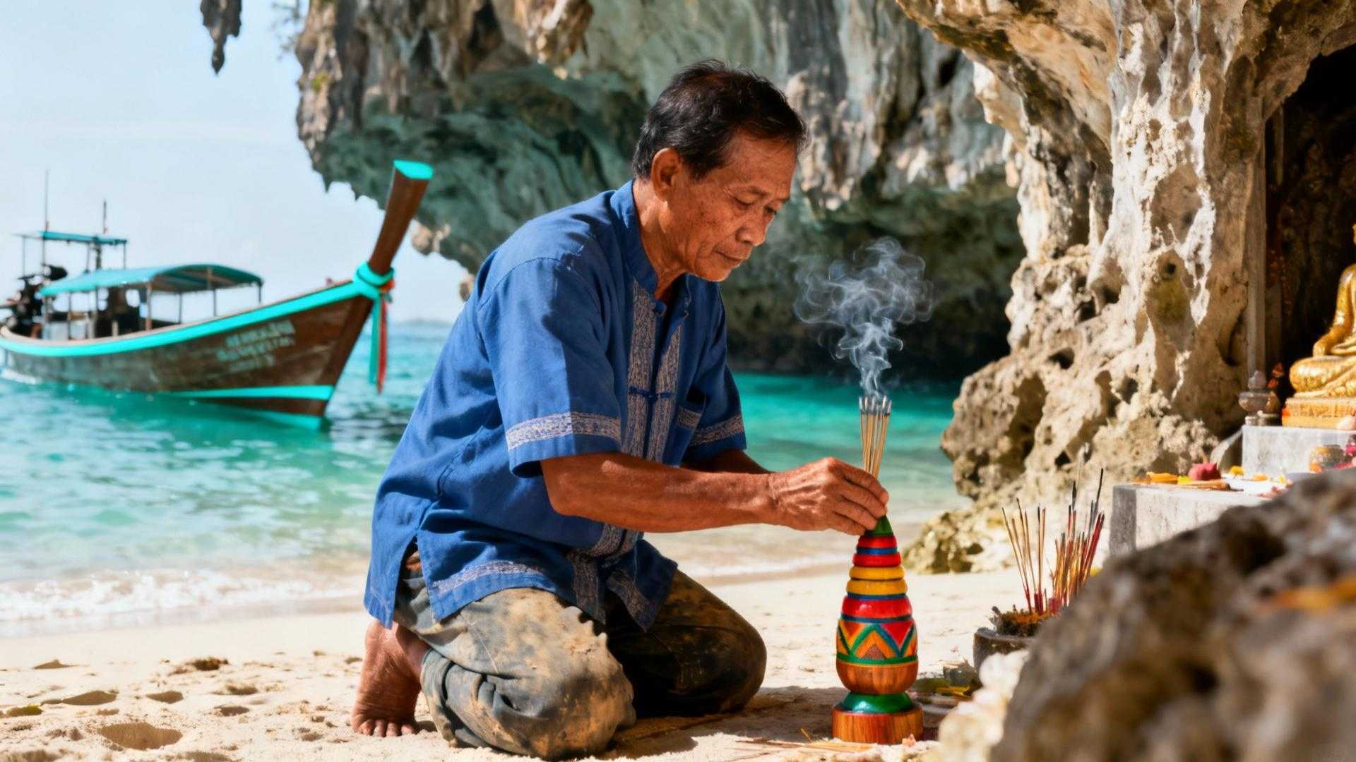 Om 06:45 legt een lokale visser voorzichtig een rood geverfde houten lingam bij de grot-ingang. Wierookrook kringelt omhoog terwijl hij zijn dagelijkse gebed fluistert. Drie uur later staan er vijftig toeristen dezelfde sculpturen te fotograferen als komische curiositeit. Dit is Phra Nang Cave Beach in Thailand. Een plaats waar twee werelden botsen zonder elkaar te begrijpen. Waar eeuwenoude spirituele tradities doorleven terwijl Instagram-jagers hun perfecte shot zoeken. De Onzichtbare Grens Tussen Sacred en Toeristisch Tussen 06:00 en 08:00 behoort de grot toe aan de vissers. Ze arriveren per longtail boot vanaf Ao Nang, de 15-minuten durende reis kost €2,50 per persoon. Hun timing is geen toeval. Deze rituelen zijn gelinkt aan getijden en dagelijkse visserijtiming. Lokale bootslieden voeren hun offerandes uit voor vertrek naar zee. De Andamaanse Zee kan onvoorspelbaar zijn, dus spirituele bescherming is essentieel. Toeristen die na 09:00 arriveren missen deze context volledig. Ze betreden een ruimte waar het sacred is omgezet in spektakel. De kloof tussen beide werelden wordt elk uur groter. Vijf Onuitgesproken Regels Die Locals Beschermen Regel één: vroege ochtend is voor offerandes, niet selfies Tussen 06:00-08:00 betreed de grot alleen als stille observator. Lokale vissers voeren rituelen uit die hun veiligheid en vangsten bepalen. Sta op minimaal 3 meter afstand, geen foto's van ceremoniën. Na 08:30 wordt de grot "openbaar" maar respect blijft vereist. Net zoals in Conques blijven spirituele tradities levend ondanks toeristendruk. Regel twee: lingams zijn sacred objects, geen props De kleurrijke houten phallus-sculpturen zijn Shiva lingam offerandes voor vruchtbaarheid en welvaart. Nooit aanraken, verplaatsen of gebruiken als selfie-prop. Observeer, respecteer, begrijp de symboliek. Hindu mythologie geïntegreerd in Thaise cultuur creëert unieke spirituele praktijken. Elke lingam vertegenwoordigt een vervulde wens of hoop voor de toekomst. Regel drie: kledingcode bestaat, zelfs op strand Bij de grot-ingang gelden sacred site regels. Schouders bedekt, geen bikini of zwemkleding. Het strand zelf is informeler maar bij de grot geldt respect voor heilige ruimte. Lokale vrouwen dragen sarongs, mannen shirts. Dit wijkt af van normale strandnormen maar toont cultureel bewustzijn. Authenticiteit vereist aanpassing van verwachtingen. Regel vier: longtail boot-timing onthult intentie Boten die 06:30-07:30 arriveren brengen vissers voor rituelen. Boten na 09:00 brengen toeristen voor strandplezier. Kies vroege boot en signaleer respect voor cultuur. Locals herkennen en waarderen dit onderscheid. Het bepaalt hoe zij jou benaderen en hoeveel zij delen over hun tradities. Regel vijf: gedrag bij laagwater versus hoogtij Laagwater onthult rotspoelen waar locals zee-offers verzamelen voor ritueel gebruik. Schelpen en zeewier hebben spirituele betekenis. Verzamel niets, verstoor deze items niet. Hoogtij is zwemtijd maar niet nabij de grot-ingang. Stromingen kunnen sacred objects meevoeren. Timing bepaalt de ervaring meer dan locatie alleen. Wat Lokale Vissers Zeggen Maar Nooit Aan Toeristen Een visser die al 25 jaar rituelen uitvoert in de grot deelt zijn frustratie. "Toeristen denken het grappig is, maar dit is ons leven. Zonder Phra Nang's bescherming blijven onze netten leeg." Commercialisatie bedreigt spirituele betekenis voor nieuwe generaties. Railay's toerisme-evolutie sinds de late 20e eeuw brengt welvaart maar kost authenticiteit. Jongere vissers worstelen tussen traditie en moderniteit. De grot behoudt haar sacred karakter door natuurlijke geografische isolatie. Alleen per boot bereikbaar, geen wegverbinding. Isolatie beschermt tegen volledig commercieel worden. Jouw Vragen Over Phra Nang Cave Beach, Thailand Beantwoord Wat is de beste tijd om de grot respectvol te bezoeken? 06:30-08:00 als stille observator tijdens offerandes, of na 14:00 wanneer ochtend-rituelen compleet zijn en locals terug van zee. Vermijd 10:00-13:00 peak toeristentijd wanneer 200+ bezoekers tegelijk arriveren. Mag ik foto's maken van de phallus-offerandes? Ja, maar nooit tijdens actieve rituelen of met lokale mensen in frame zonder toestemming. Respectvolle documentatie betekent begrijpen wat je fotografeert. Houten lingams vertegenwoordigen vervulde gebeden en toekomsthoop. Hoe verschilt Phra Nang van andere Thaise stranden? Uniek door levende spirituele traditie geïntegreerd met dagelijks lokaal leven. Railay Beach 300 meter verder is commerciëler. Phra Nang behoudt sacred karakter omdat natuurlijke barrières massa-ontwikkeling voorkomen. Slechts bereikbaar per boot houdt authenticiteit levend. Vroege ochtend verlaat de laatste visser de grot na zijn offerande. Hij kijkt terug naar kleurrijke lingams glanzend in ochtendlicht. Zijn grootvader deed hetzelfde ritueel hier, zijn kleinkinderen zullen het voortzetten. Toeristen komen en gaan, tradities blijven.